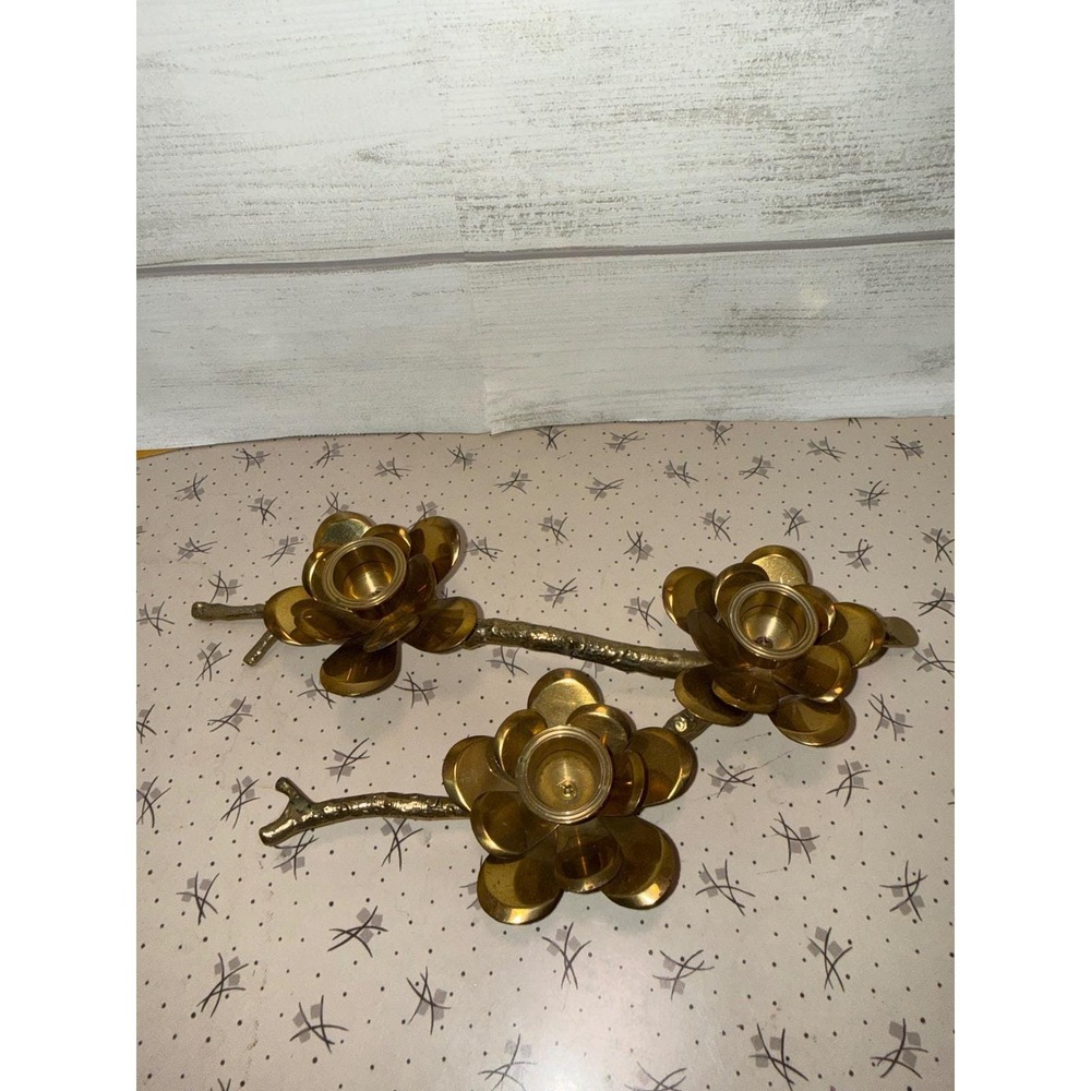 Vintage Brass Flower Branch Candle Holder 3 Cup Floral Centerpiece Gold Tone